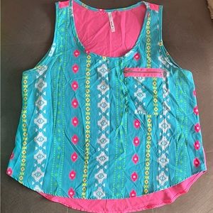 Womens large neon tribal print sleeveless tank top shirt teal pink lightweight